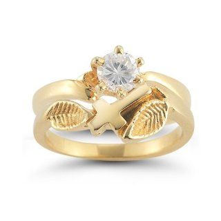 Christian Cross CZ Bridal Wedding Ring Set in 14K Yellow Gold: Jewelry