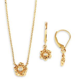 New 14k Yellow Gold Diamond Flower Necklace Earring Set: Jewelry Sets: Jewelry