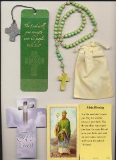 Green Wood Irish Rosary with Saint Patrick Holy Card, Celtic Religious Blessing Bookmark Plus Velour Bag and Cross Bookmark: Everything Else