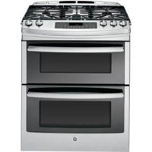 GE Profile 6.7 cu. ft. Slide In Double Oven Gas Range with Self Cleaning Convection Oven in Stainless Steel PGS950SEFSS