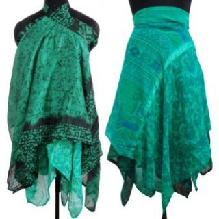 Indian Silk Wrap 2 layer Skirt Casual Dress Women Beach Green Floral Sarong Gift at  Womens Clothing store