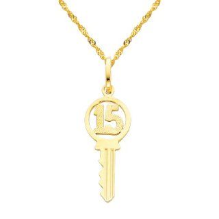 14K Yellow Gold Sweet 15 Key Charm Pendant with Yellow Gold 1.2mm Singapore Chain with Spring Ring Clasp   16" Inches   Pendant Necklace Combination: The World Jewelry Center: Jewelry