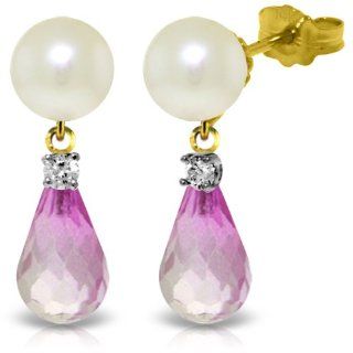 14k Yellow Gold Pearl and Pink Topaz Drop Earrings: Jewelry