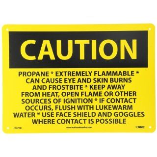 NMC C587RB OSHA Sign, Legend "CAUTION   PROPANE EXTREMELY FLAMMABLE CAN CAUSE EYE AND SKIN BURNS AND FROSTBITE KEEP AWAY FROM HEAT", 14" Length x 10" Height, Rigid Plastic, Black on Yellow Industrial Warning Signs Industrial & Sci