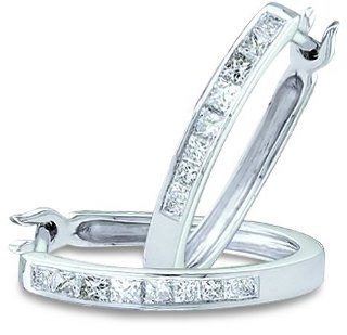 14k White Gold Channel Set Princess Square Cut Diamond Hoop Huggie Earrings (.30 cttw): Jewelry