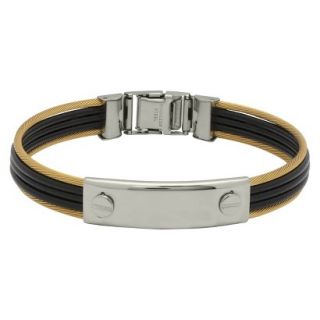 Stainless Steel and Rubber Two Tone Mens Cable Bangle   Black/Gold/Silver