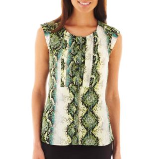 Worthington Cap Sleeve Pleated Button Front Top   Petite, Clouded Snake