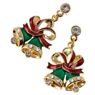 Christmas Jewelry Twin Green Bells Red Ribbon Gold Tone Holiday Charm Earrings: Jewelry