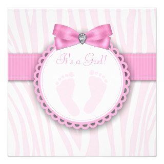 Elegant Pink Zebra Pink Footprint Baby Shower Custom Invitations