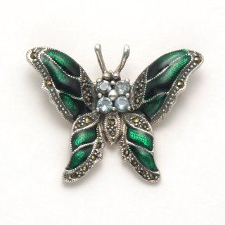 Sterling Silver Marcasite Butterfly Pin with Green Enamel and Blue Topaz Stones: Brooches And Pins: Jewelry