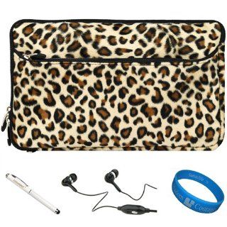 SumacLife Brown Leopard Print Design Covered Neoprene Sleeve Carrying Case Cover for Acer Iconia Tab A700 10 inch Android Tablet + White   Executive Stylus Pen with Laser Pointer and LED Light + SumacLife Black Hifi Noise Reducing Hansdfree Earbuds with Wi