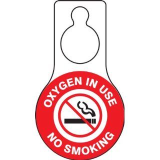 Accuform Signs TAD631 Plastic Shaped Door Knob Hanger Safety Tag, Legend "OXYGEN IN USE NO SMOKING" with Graphic, 5" Width x 9" Height x 15 mil Thickness, Black/Red on White (Pack of 10) Industrial Warning Signs Industrial & Scien