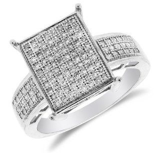 .925 Sterling Silver Plated in White Gold Rhodium Diamond Engagement OR Fashion Right Hand Ring Band   Emerald Shape Center Setting w/ Micro Pave Set Round Diamonds   (1/3 cttw): Jewelry