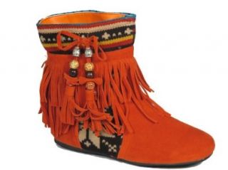 Katherine 06 Fringe Moccasin Ankle Boots Orange Tribal: Shoes
