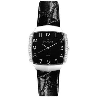 Skagen Women's 645SSLB4 Crystal Accented Black Leather Strap Watch: Watches