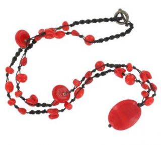 25" Red Glass Bead Necklace on Black Cord with a Toggle Clasp: Clothing