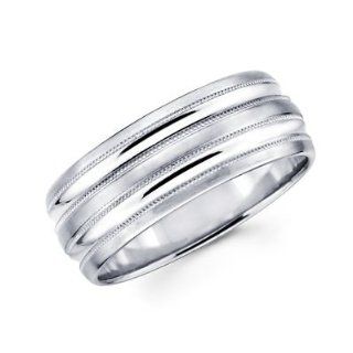 Solid 14k White Gold Mens Satin High Polish Milgrain Wedding Ring Band 8MM Size 10.5: Jewelry