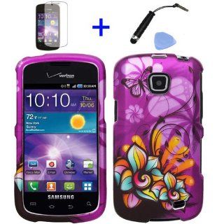 4 items Combo: ITUFFY (TM) Mini Stylus Pen + LCD Screen Protector Film + Case Opener + Purple Butterfly Orange Pink Green Color Daisy Flower Design Rubberized Snap on Hard Shell Cover Faceplate Skin Phone Case for Straight Talk Samsung Galaxy Proclaim 720C