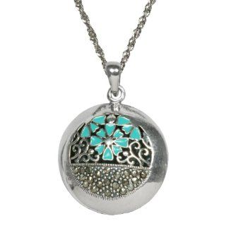 Sterling Silver Oxidized Marcasite with Light Blue Epoxy Textured Round Shape Pendant Necklace, 18": Jewelry