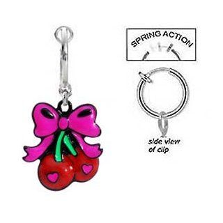 Fake Belly Navel Non Clip on Red Sweet Cherry's w/ Pink Bow cherries dangle Ring: Jewelry