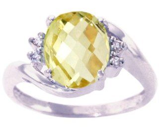 14K White Gold Large Oval Gemstone and Diamond Engagement Ring Lemon Citrine/Briolette, size5: Jewelry