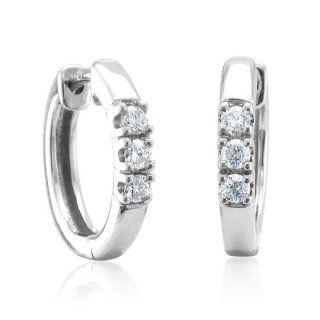 10k White Gold 3 Stone Hoop Huggies Diamond Earrings (HI, I1 I2, 0.18 carat): Jewelry