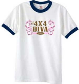 Ford Car 4X4 Diva T shirt Offroad Muddy Rock Climbing Mens Ringer Tee   White/Navy Clothing