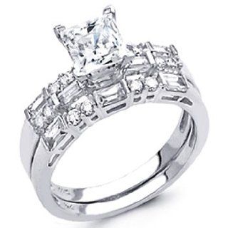 14K White Gold Princess cut Top Quality Shines CZ Cubic Zirconia 1.75 CT Equivalent Ladies Engagement Ring and Wedding Band 2 Two Pieces Set: The World Jewelry Center: Jewelry