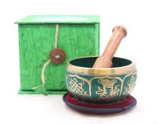 Tibetan Buddhist Green 8 Lucky Symbols Yoga Meditation Singing Bowl / Rosewood Mallet / Velvet Cushion / Box Gift Set: Musical Instruments