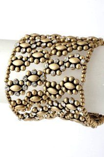 Gold with Clear Rhinestones Beaded Flower Style Link Stretch Bracelet Fashion Jewelry Jewelry