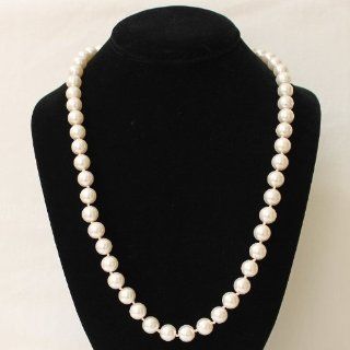 10mm 24" Hand knotted Glass Pearl Necklace Cream with Silver Tone Cap: Jewelry