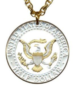 24k Gold and Sterling Silver Cut Coin Necklace Pendant Women's Men's Jewelry   Kennedy Half Coin: Jewelry