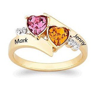 18K Gold Over Sterling Couples Birthstone Heart Name Diamond Ring: Jewelry