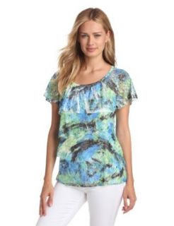 Sag Harbor Women's Petite Lace Knit Top with Embellishment, Indigo/Multi, Large at  Women�s Clothing store