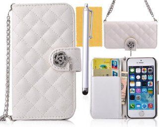 Tradekmk(TM) Rose Bling Rhinestone Hand Bag Purse Wallet Leather Case Pouch with Credit ID Card Slots Holders/ Strap Chain Fit For iPhone 5 5S(White), with Stylus Pen,Screen Protector and Cleaning Cloth: Cell Phones & Accessories