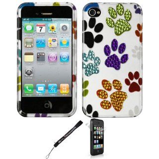 Paw Print Diamond Rhinestones Front and Back Cover for Apple iPhone 4/4s, 4s + Screen Protector + Determination Hand Strap: Cell Phones & Accessories