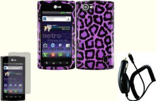 Purple Leopard Design Hard Case Cover+LCD Screen Protector+Car Charger for LG Optimus M+ MS695: Cell Phones & Accessories