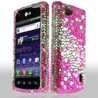 LG Optimus M+ / Plus / MS695 MS 695 Cell Phone Full Crystals Diamonds Bling Protective Case Cover Silver and Hot Pink 2 tone Mix Love Hearts Gemstones Design Cell Phones & Accessories