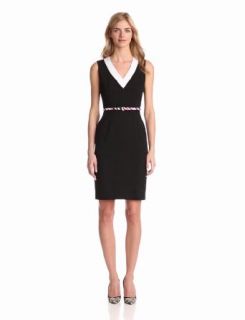 Calvin Klein Women's Vneck Dress With Belt, Black/White, 4 at  Womens Clothing store