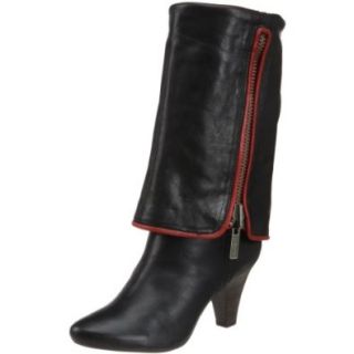 FRYE Dannika Piping Zip Womens Antiqued Leather Foldover Boots Heels Shoes Black/Red Shoes