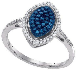0.26 Carat (ctw) 10K White Gold Round Blue & White Diamond Ladies Fashion Cocktail Right Hand Ring 1/4 CT: Jewelry