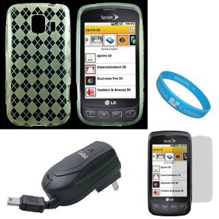 Clear Argyle Rubberzied TPU Silicone Skin Cover Case for Sprint LG Optimus S (Model LG670KIT) + Clear Screen Protector + Black Retractable Travel Wall Charger with IC Chip + SumacLife TM Wisdom Courage Wristband: Electronics