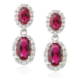 Sterling Silver Created Ruby & Cubic Zirconia Double Oval Drop Earrings by Cheline: Jewelry