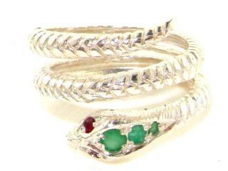 Fabulous Solid White 9K Gold Natural Emerald & Ruby Detailed Snake Ring   Finger Sizes 5 to 12 Available Right Hand Rings Jewelry