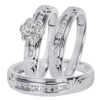 3/8 Carat T.W. Round Cut Diamond Women's Engagement Ring, Ladies Wedding Band, Men's Wedding Band Matching Set 10K White Gold   Free Gift Box: Jewelry