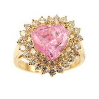 14k Yellow Gold, Fancy Estate Style Cocktail Ring with Lab Created Heart Shape Pink Colored Birthstone: Jewelry