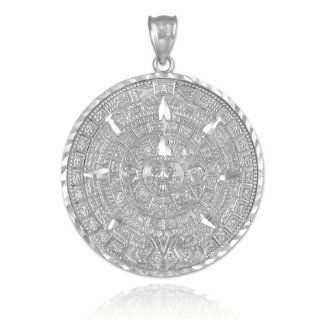 10k White Gold Aztec Charm Mayan Calendar Pendant, 1.2" Diameter: Jewelry