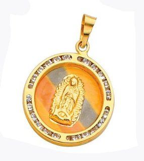 14K Tri Color Gold Etched Our Lady of Guadalupe Charm Pendant with CZ    17MM or  5/8" inch Jewelry