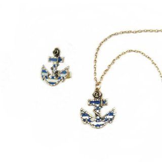 World Pride Women Retro Rose Decorated White Blue Strip Sailor Anchor Ring and Necklace Jewelry Set: Jewelry