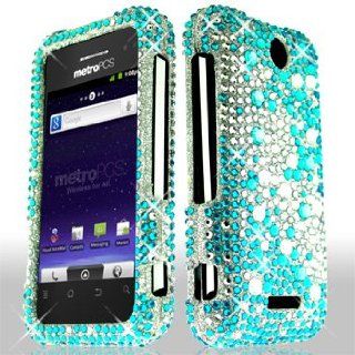 ZTE Score M X500 X 500M MetroPCS / Metro PCS Cell Phone Full Crystals Diamonds Bling Protective Case Cover Silver and Blue 2 tone Mix Love Hearts Gemstones Design Cell Phones & Accessories